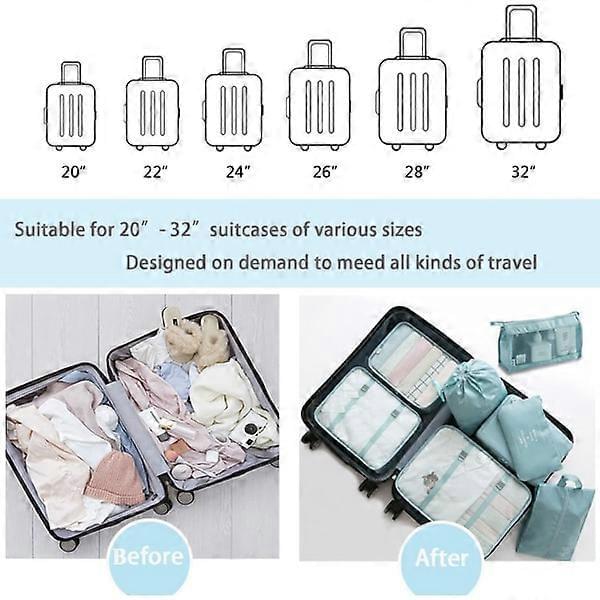 Suitcase packing cube set with multiple sizes and organizer layout for travel