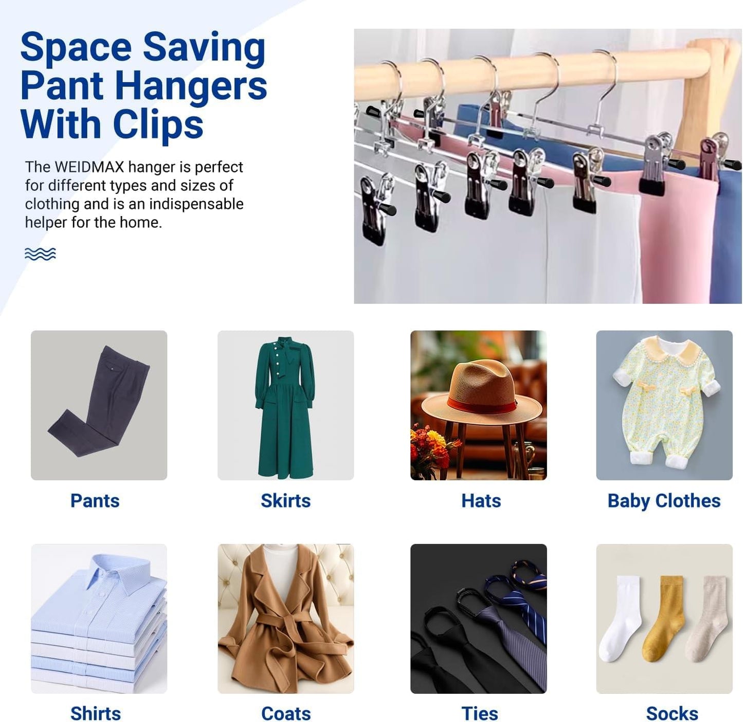 Space-saving clip hanger set holding assorted garments like pants and skirts