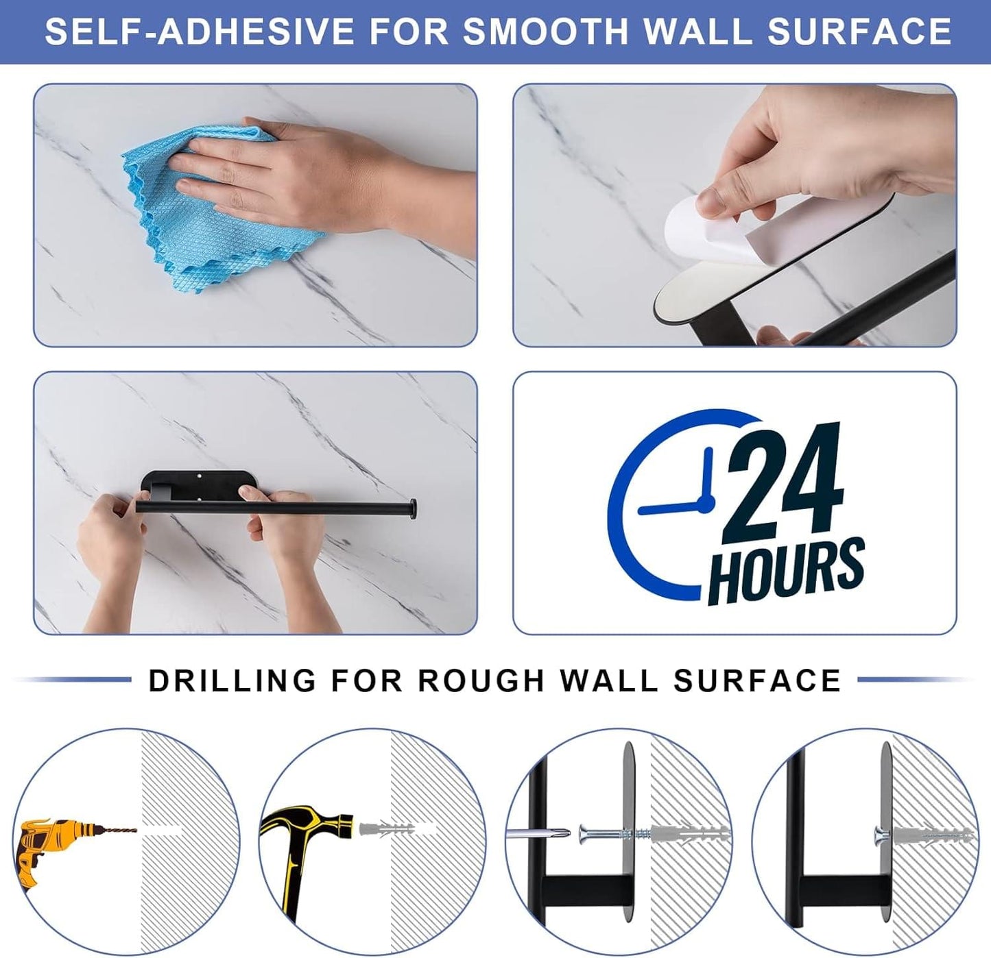 Black paper towel holder showing self-adhesive mounting and drill installation steps