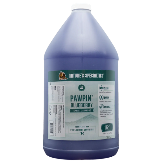 Natures Specialties Pawpin' Blueberry tearless shampoo jug, lavender-blue with white cap