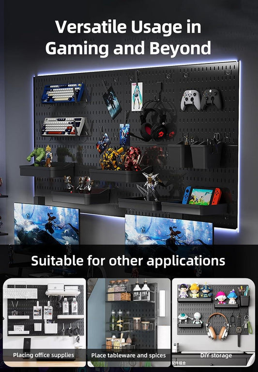 Pegboard wall organizer board with modular shelves and hanging accessories