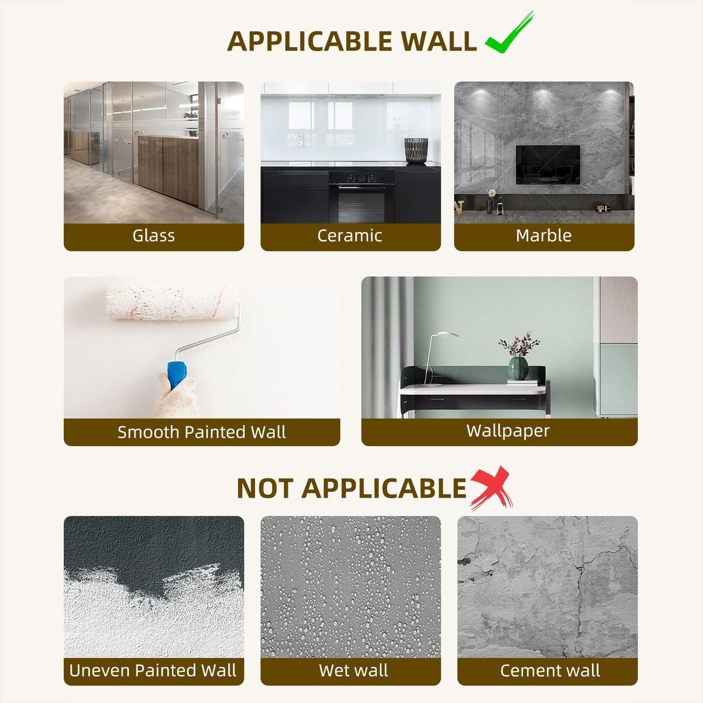 Pegboard compatibility chart for smooth painted walls, glass, ceramic and marble