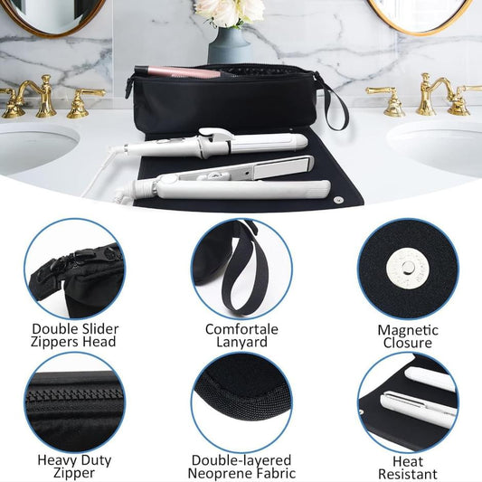 Black roll-up travel case with zip closure and side handle for hair styling tools