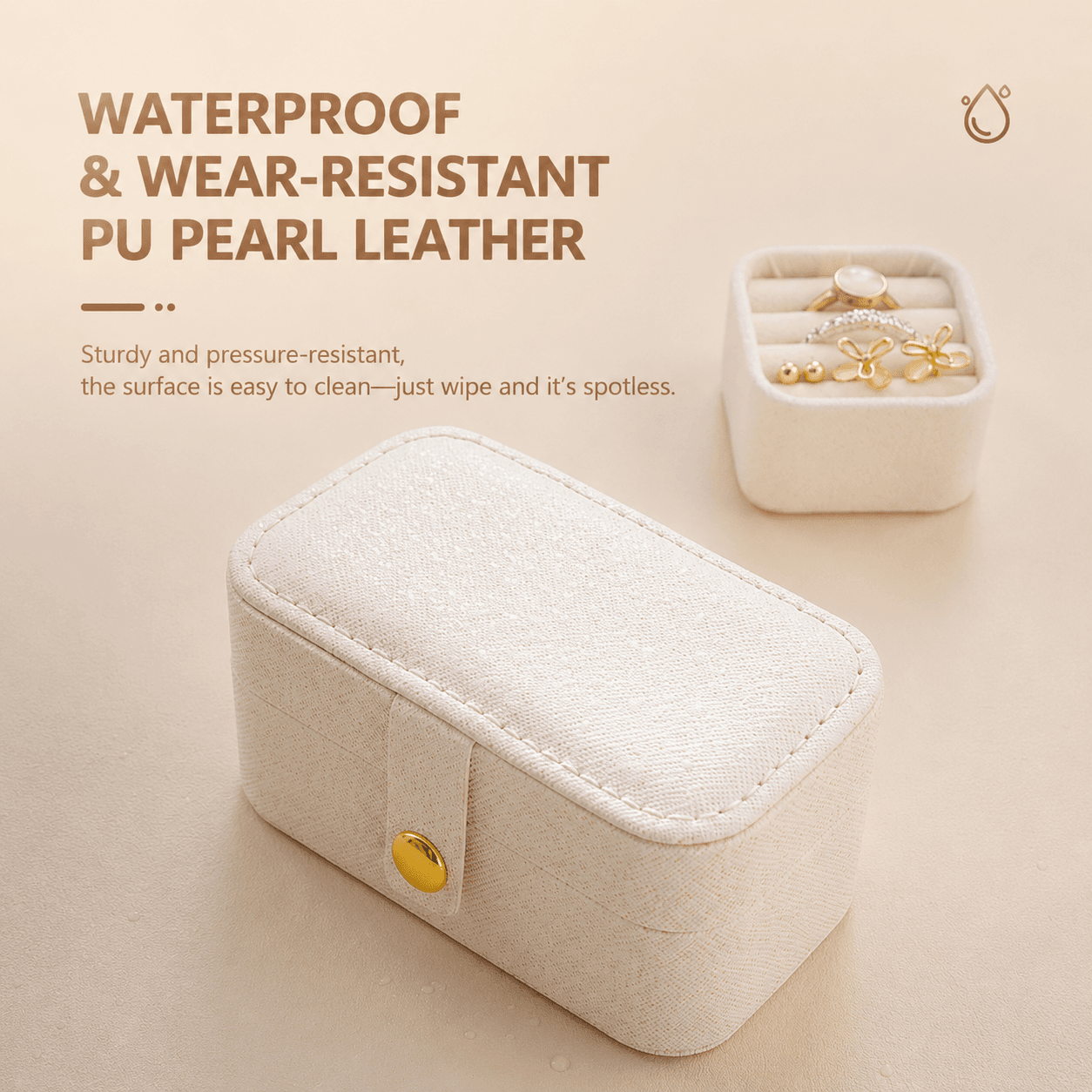 Light pink waterproof PU leather jewelry case with snap closure and gold button