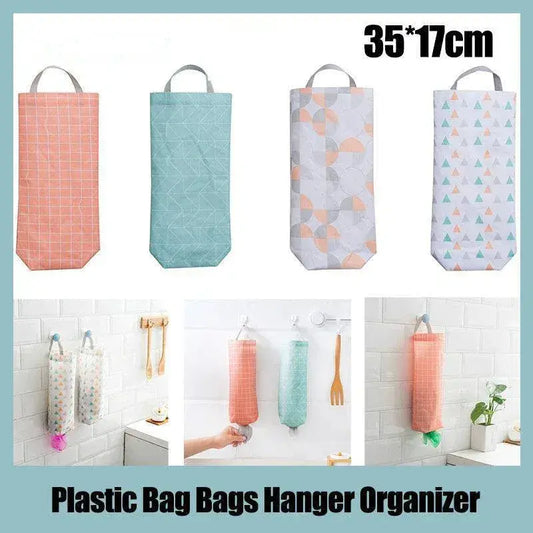 Plastic bag hanger organizer with red grid-pattern pouch and top loop handles
