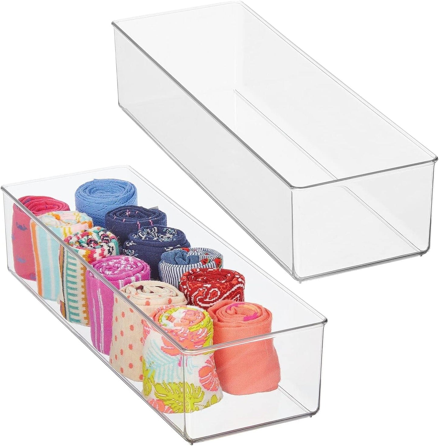 Clear long plastic drawer organizer box with two open compartments for small items
