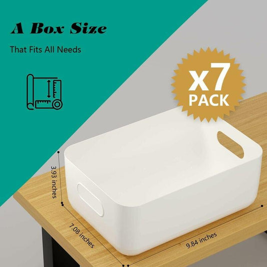 White plastic storage basket with side handles, placed on a wooden shelf