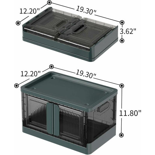 Green plastic storage box with hinged lid, closed; foldable design, top and side views