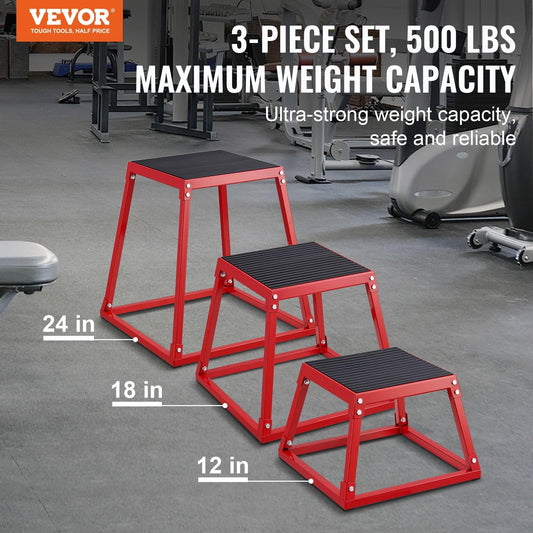 Red plyometric jump box set with three step levels: 24, 18, and 12 in.