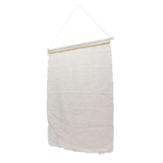 Off-white hanging storage bag with gold edge trim and triangular hanging loop