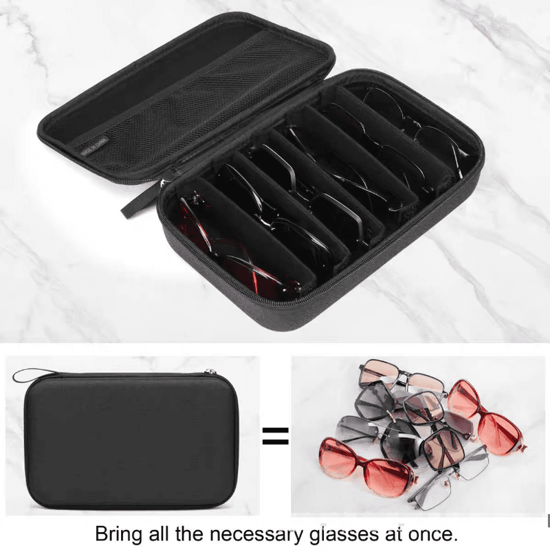 Black hard-shell sunglasses organizer case, open with padded slots for multiple glasses