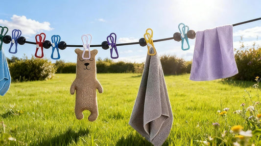Retractable clothesline with multi-color clips holding towels