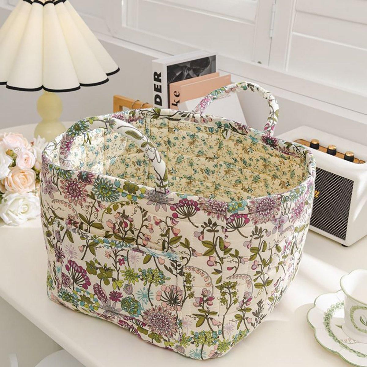 Portable Fabric Storage Basket Korean Pastoral Style Organizer for Home Sundries - Floral4