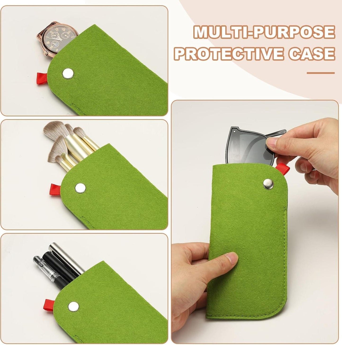 Green felt protective glasses case with snap button and red hanging tab, in hand
