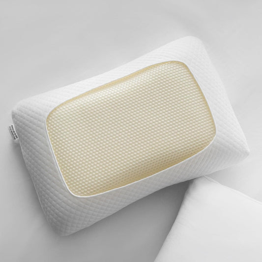 White neck pillow with light beige gel insert panel in a bordered cover