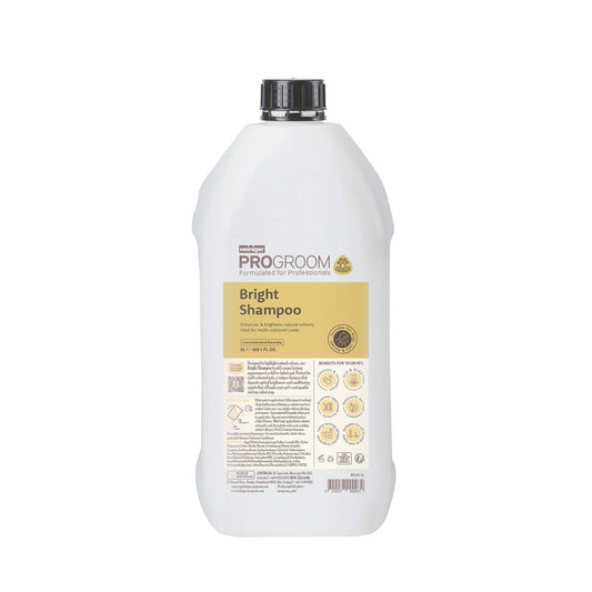 ProGroom Bright Shampoo white bottle with black cap, back label and directions