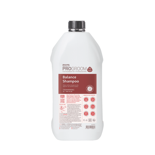 ProGroom Balance shampoo bottle back with black cap and red/white ingredient panel