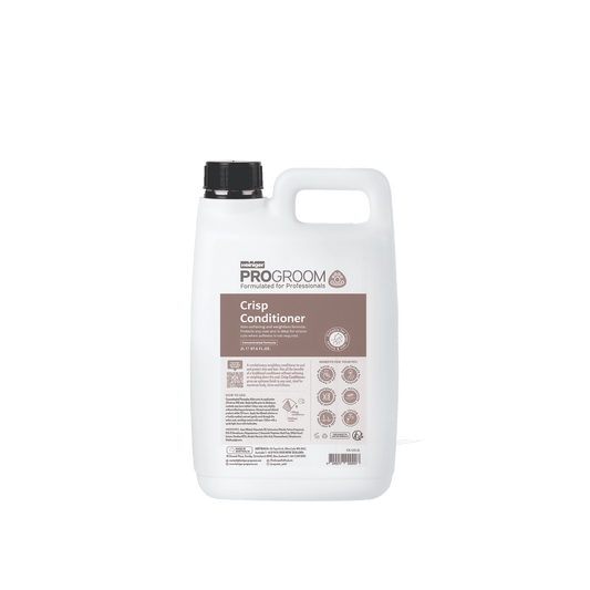 Progroom Crisp conditioner bottle, white plastic with black cap, back label and grip