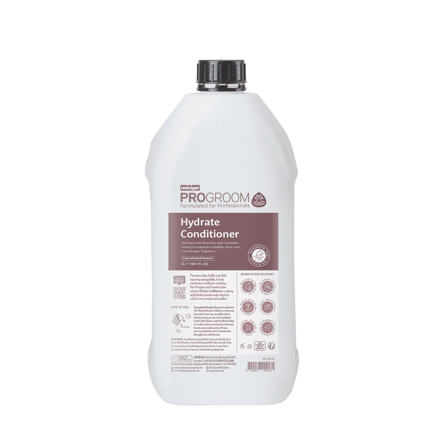 Progroom Hydrate Conditioner bottle, white with black cap, back label info