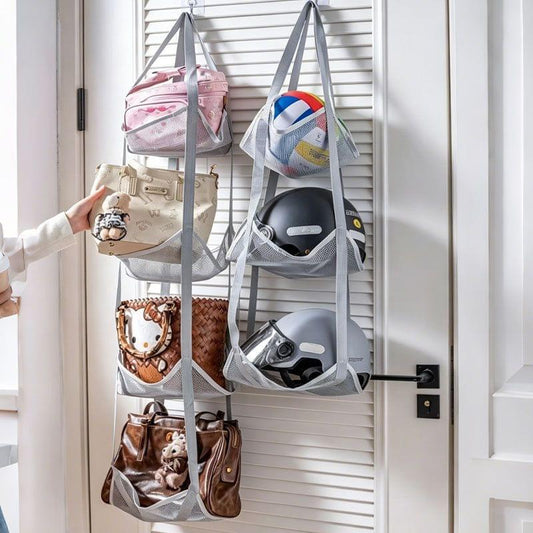 Purple hanging mesh storage bag set with four-tier compartments holding sports gear