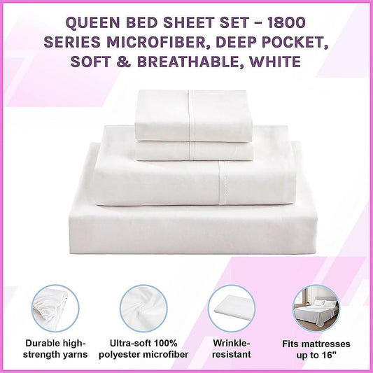 Queen sheet set in white, folded with fitted and flat sheets
