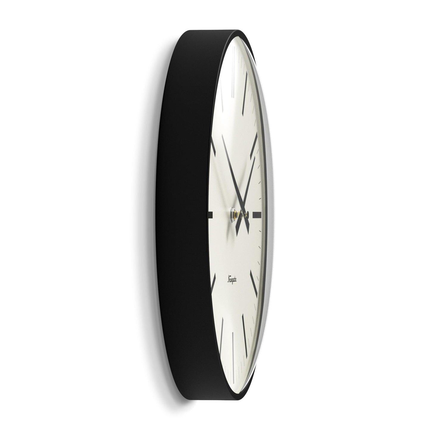 Matte black wall clock side profile with white dial, slim bezel, and black markers