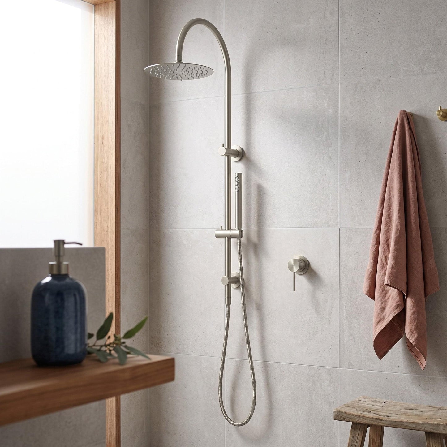 Brushed nickel shower mixer with overhead shower head, hose, and control levers