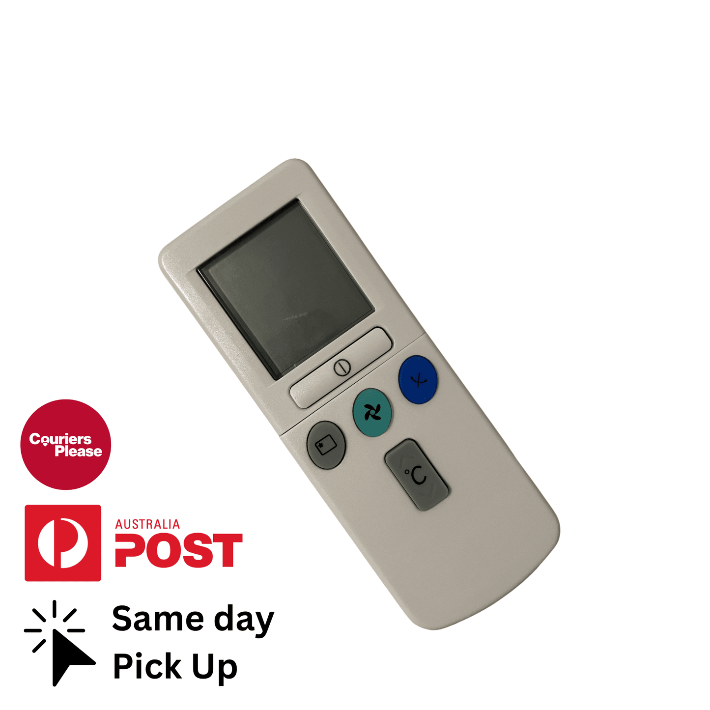 Hitachi air conditioner remote control, light gray with LCD and blue buttons