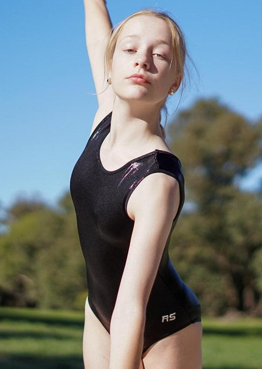 Black sleeveless leotard with scoop neckline and racer-back style