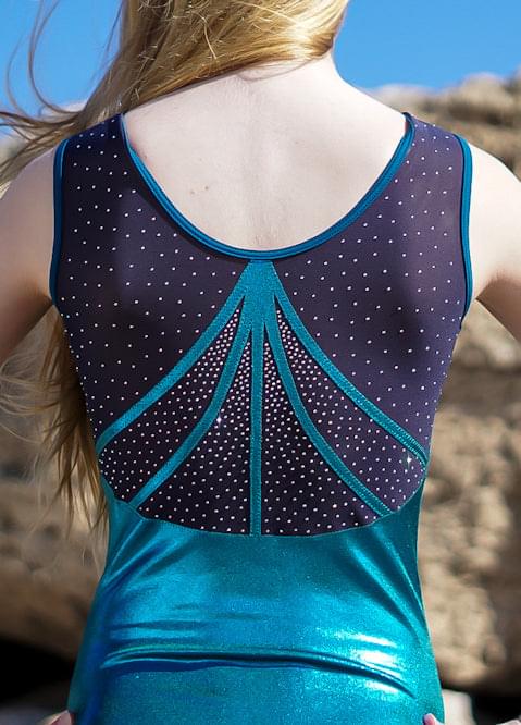Navy-backed turquoise sleeveless leotard with dotted sparkles and fan neckline panel