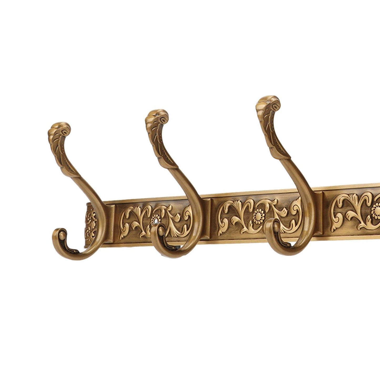 Gold-tone wall hook rail corner view with four curved ornate coat hooks