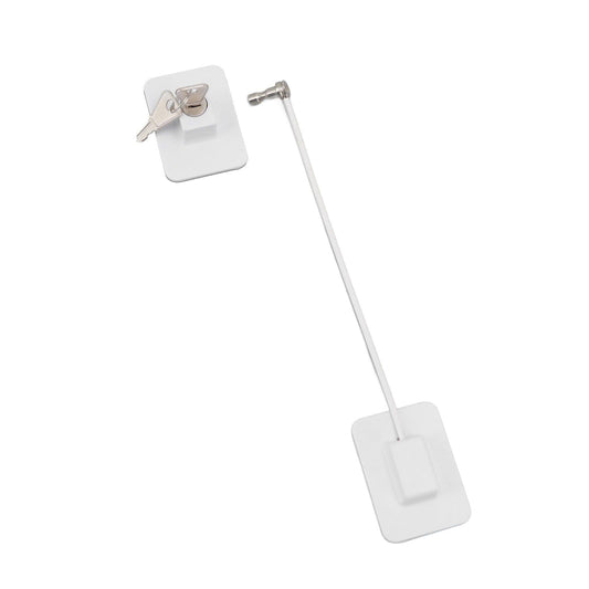 White childproof refrigerator lock with keys, keychain and angled connector
