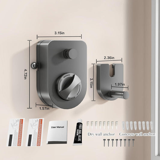 Retractable clothesline kit with gray reel, hanging rod, and wall-mount brackets.