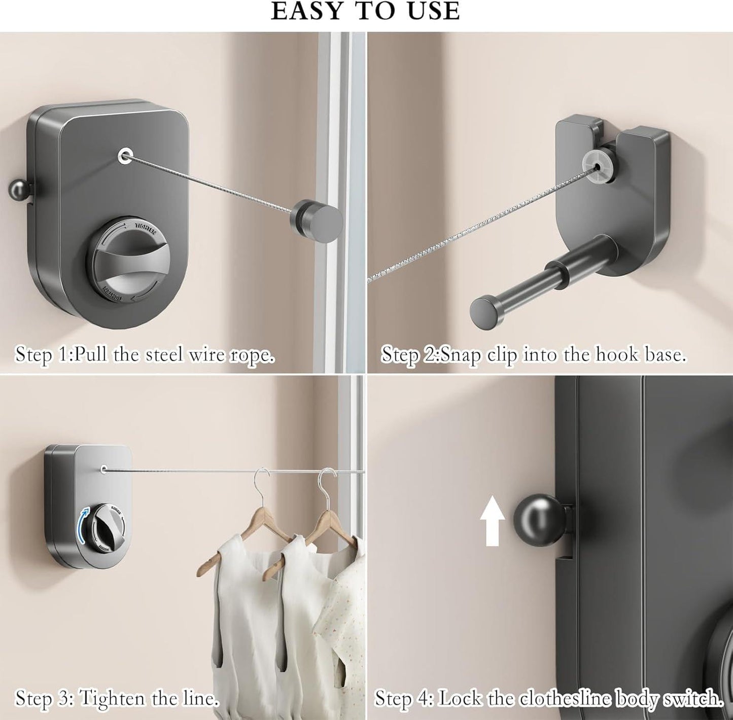 Retractable clothesline operation: pull wire, clip to hook, tighten, then lock switch.