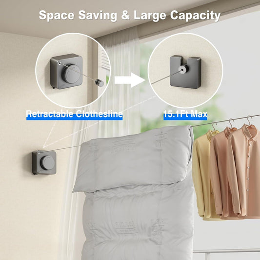 Retractable clothesline wall unit with extended line holding shirts on hangers