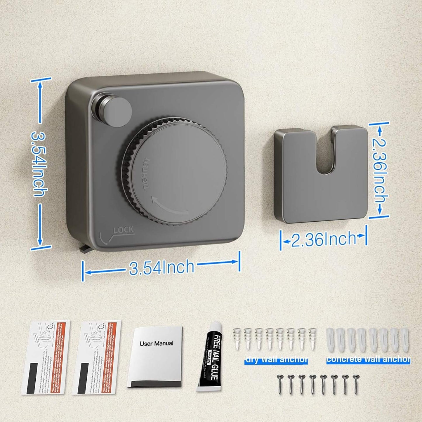 Gray retractable clothesline wall unit with size markers and mounting accessories