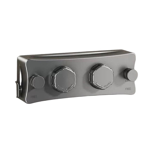 Retractable twin clothesline housing with control dials and side mounting tabs
