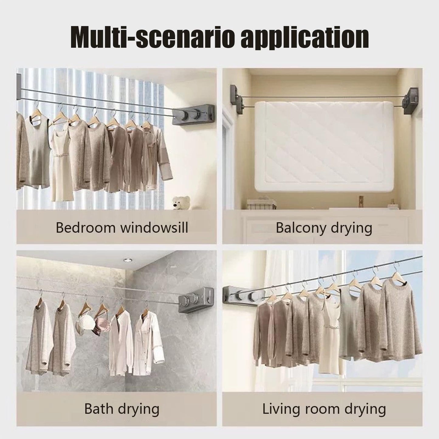 Retractable twin clothesline with extended line and hangers shown in multiple rooms