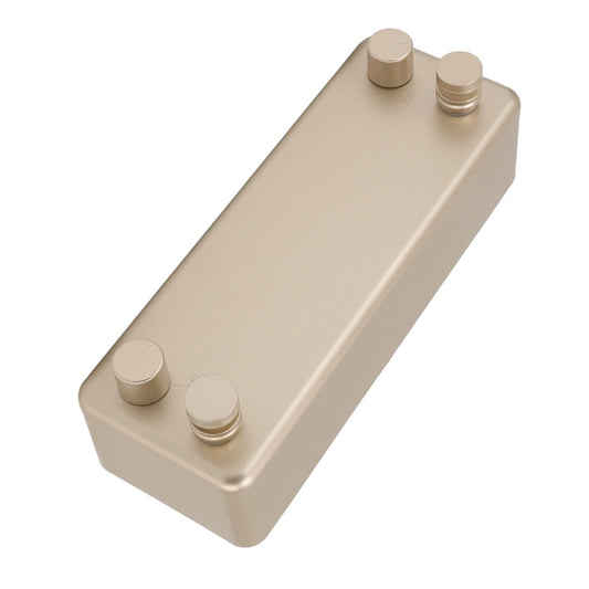 Retractable clothesline wall mount base with four gold posts, angled view