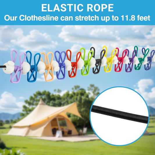 Retractable clothesline with elastic cord and colorful spring clips, strung outdoors
