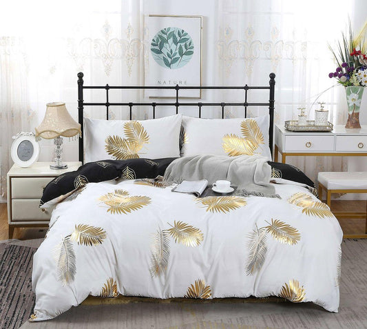 Reversible duvet quilt cover set, white with gold leaf pattern, super king size