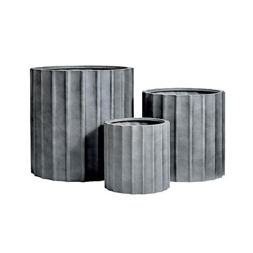 Ribbed planter set in dark charcoal, three cylindrical pots with vertical ridges