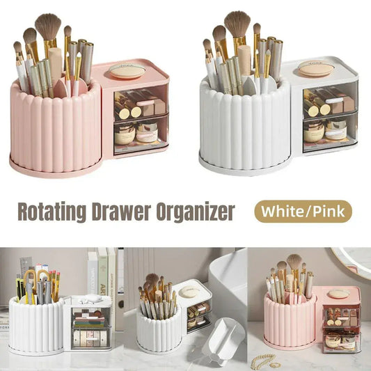 Rotating cosmetic pen holder organizer in white and pink, with brushes and clear storage box