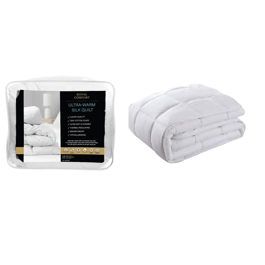 White double silk-blend quilt duvet, folded with stitched channels and layered edges