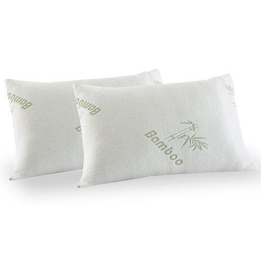 Twin pack memory foam pillows with white bamboo cover, two rectangular pillows