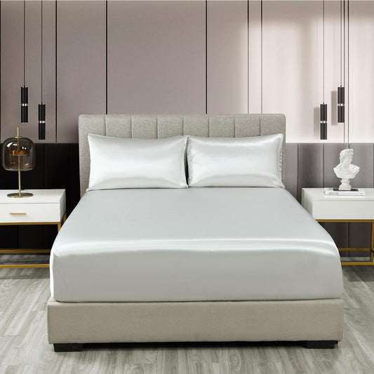 King satin fitted sheet and two pillowcases, silver sheen
