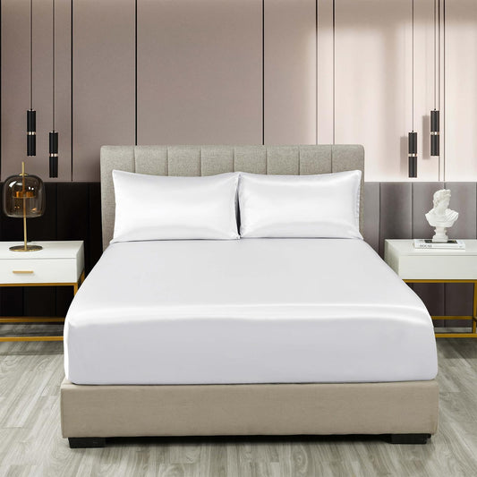 Royal Comfort Satin Sheet Set 3 Piece Fitted Sheet Pillowcase Soft - King - White.