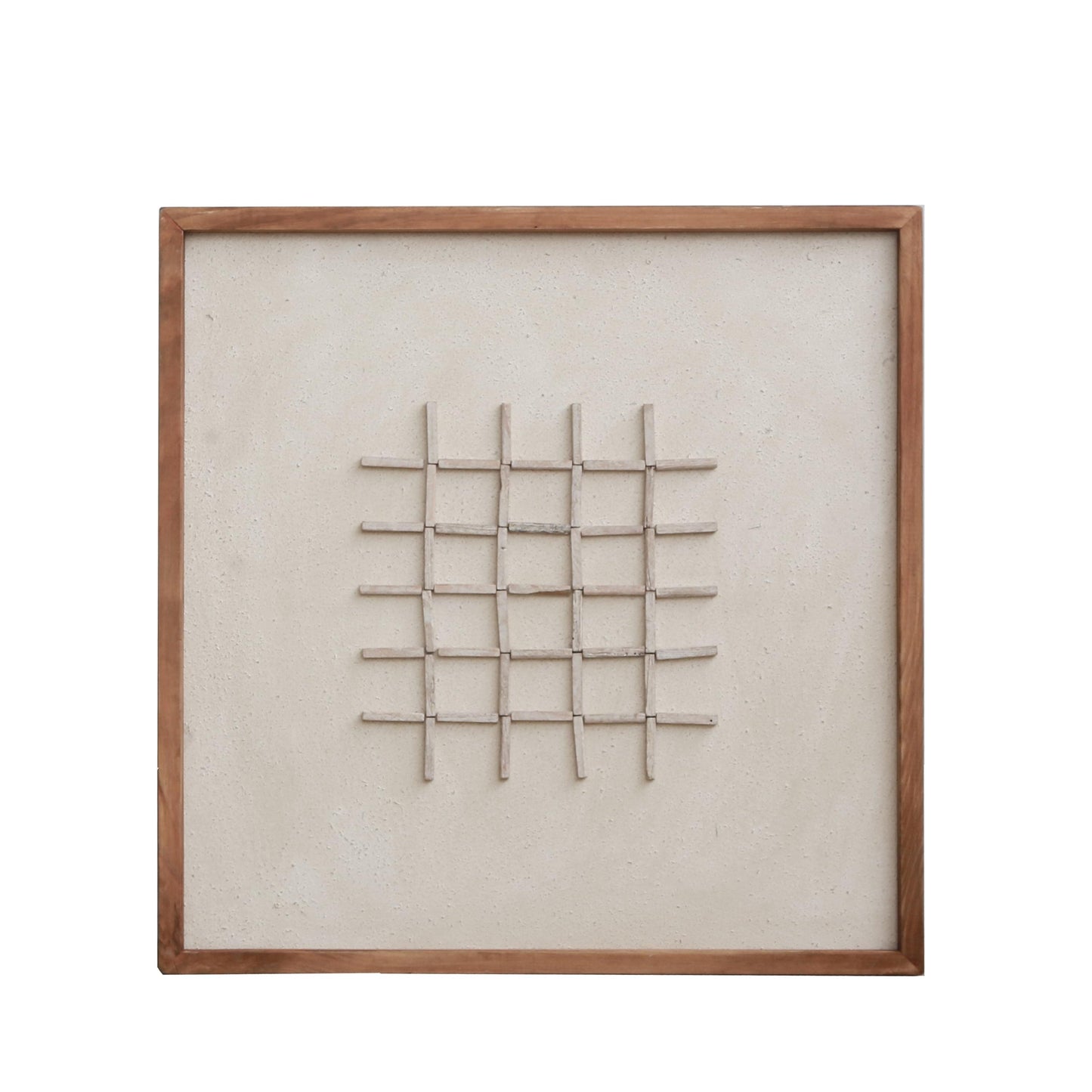 Square framed wall art with light wood frame and centered beige grid lines on textured panel