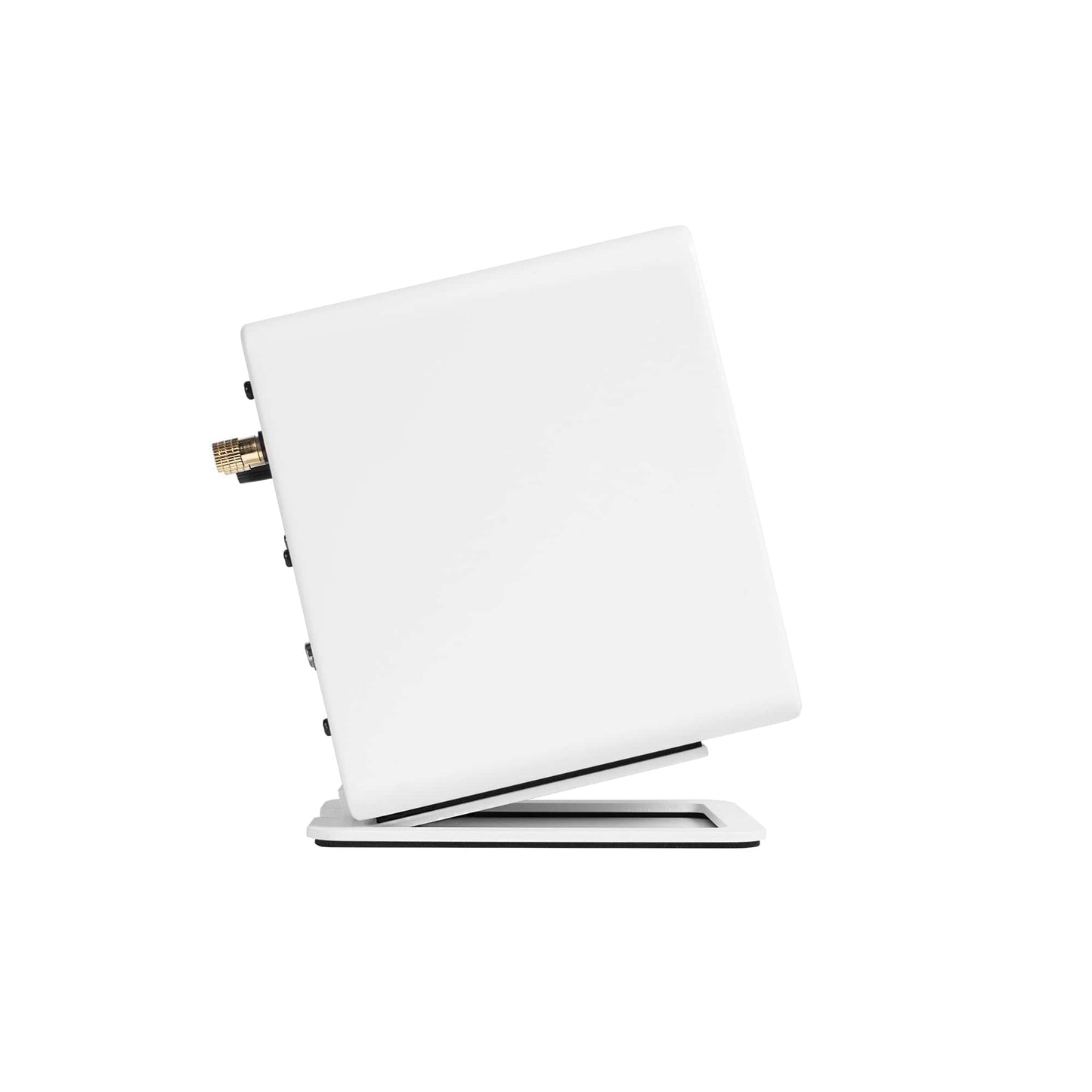 White angled desktop speaker stand with black base and side ports