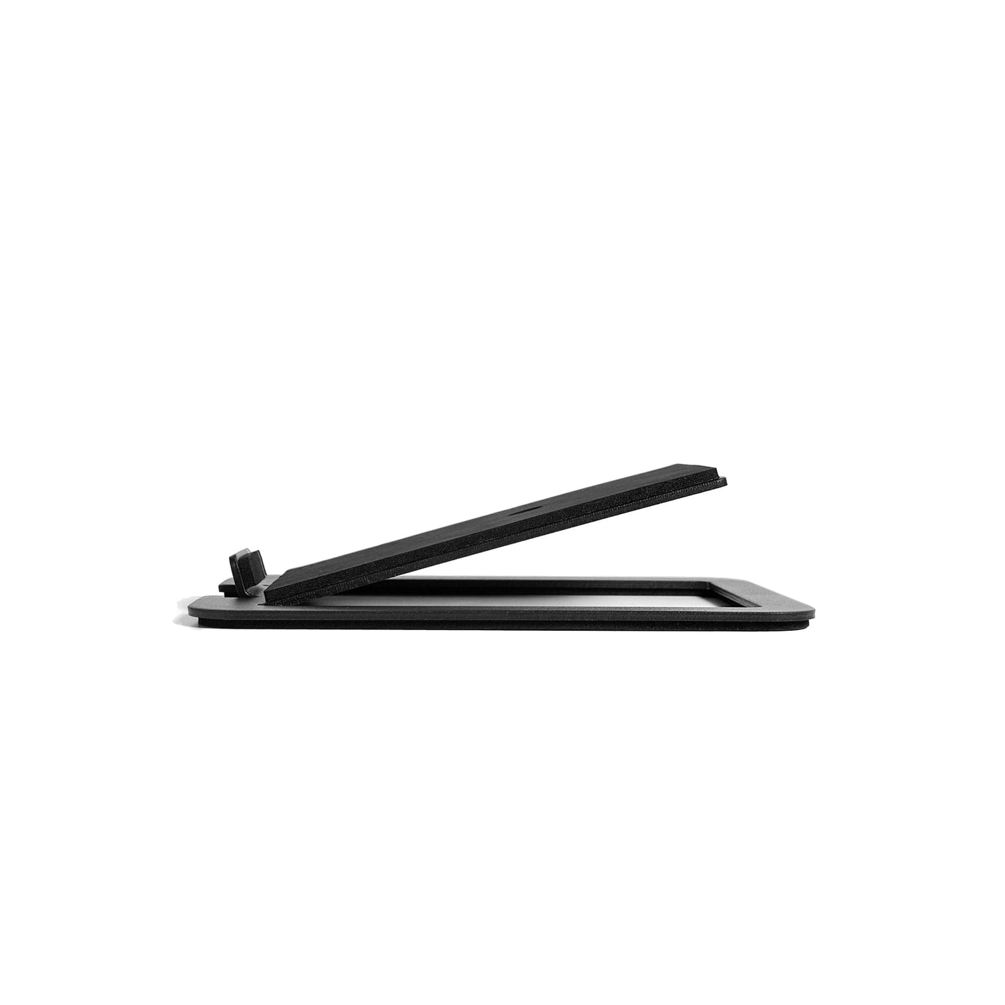 Black angled desktop speaker stand, side view with base plate and brace